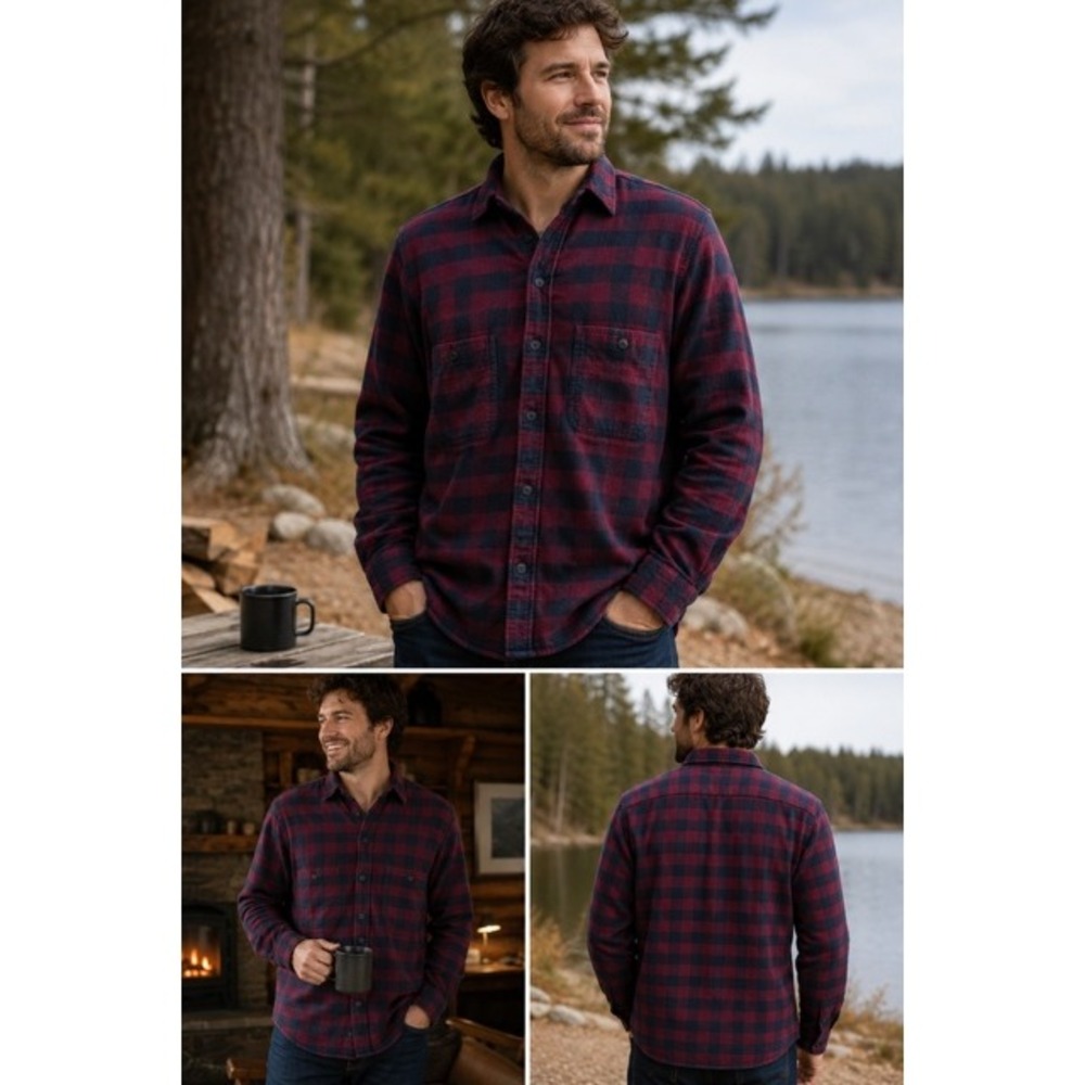 J. Crew Mercantile Mens Flannel Shirt Large Buffalo Check Burgundy Navy Blue